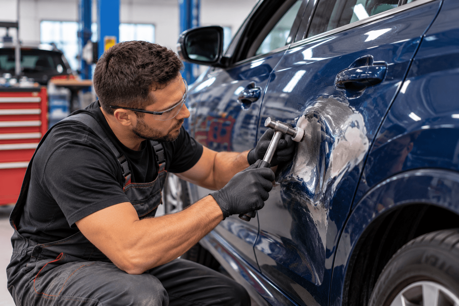 Technician repairing a dent in the side panel of a dark blue car