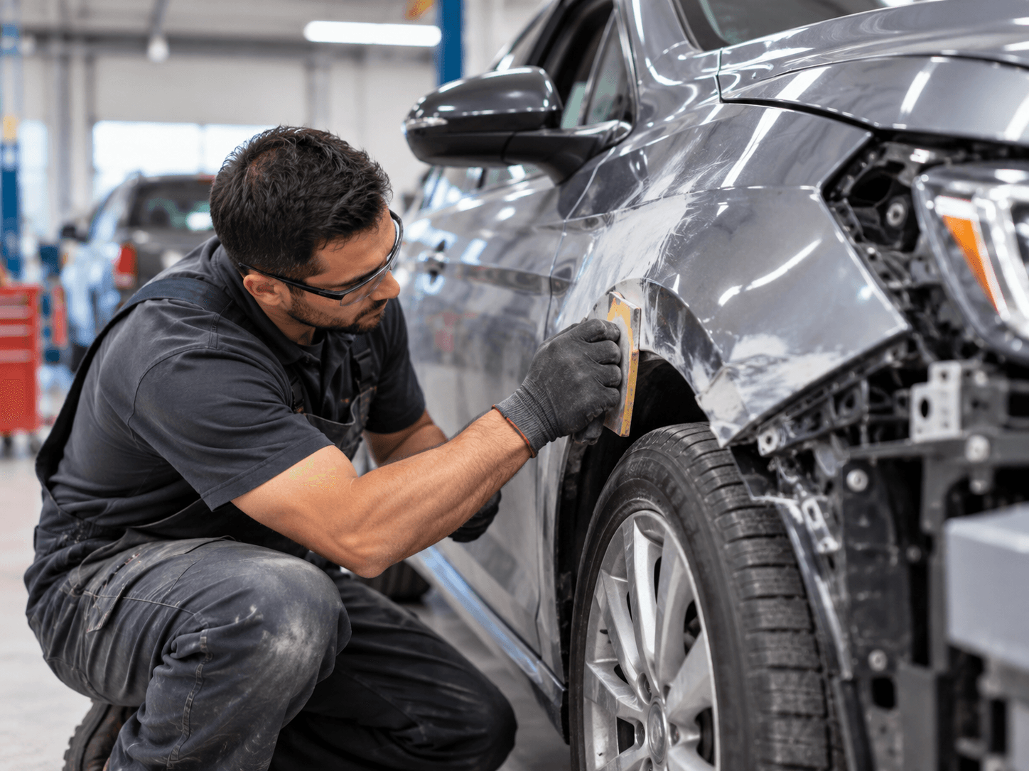 Auto body technician repairing collision damage to a vehicle