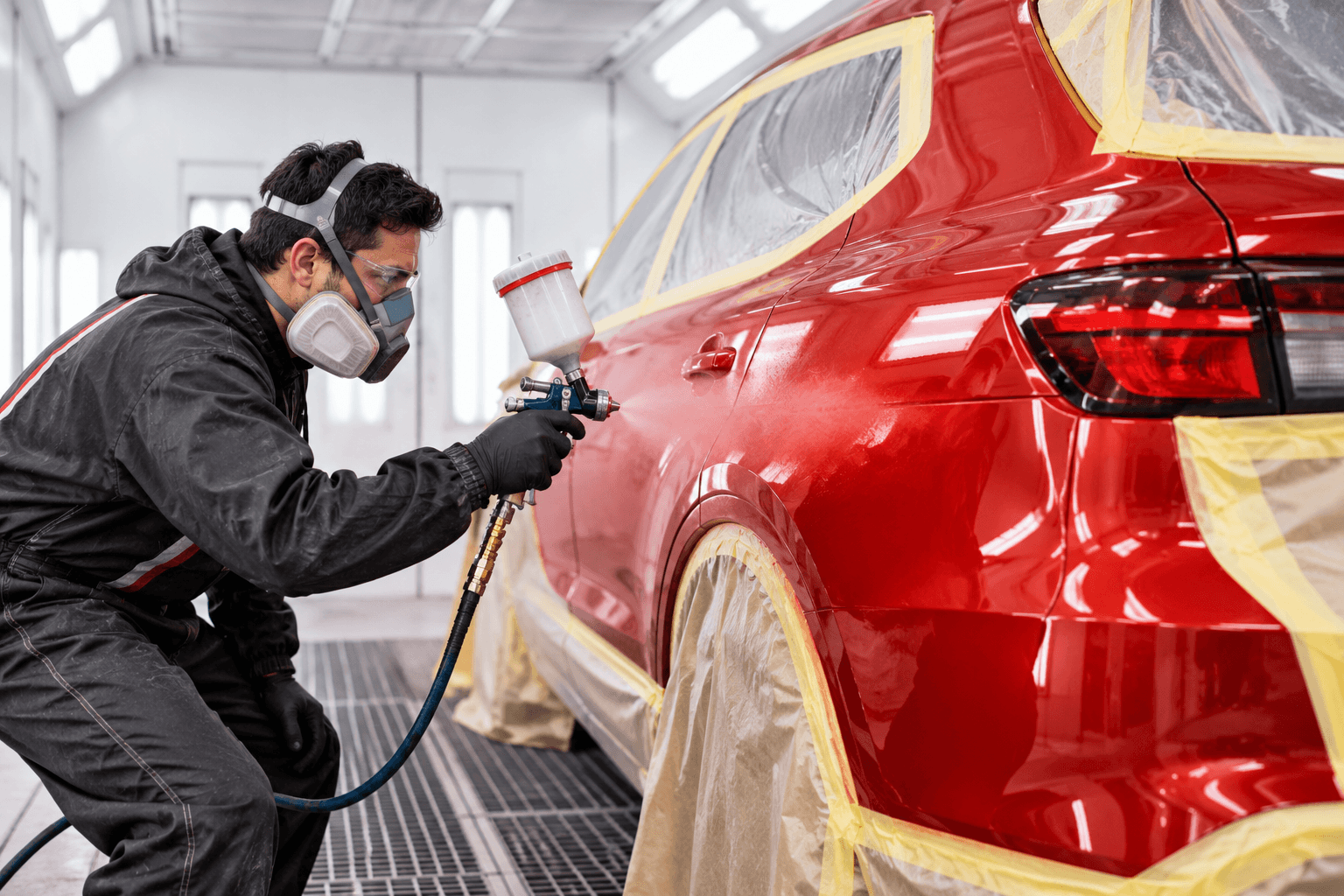 Technician spray painting a red vehicle in a professional paint booth