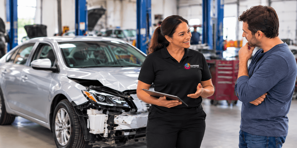 Auto body repair specialist at Supreme Auto Body Shop discussing collision damage with a customer in Orlando